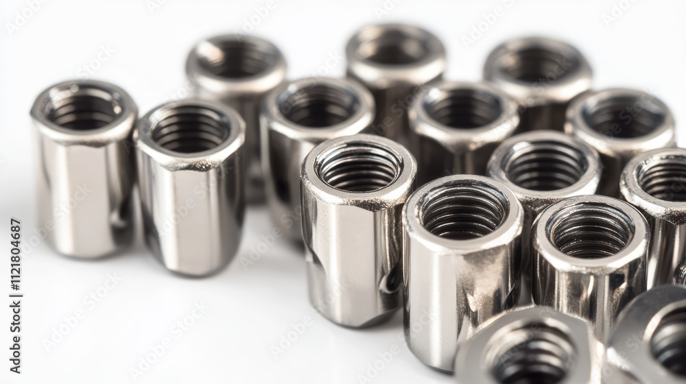 Industrial metal connectors and sockets arranged on a white background showcasing detailed craftsmanship and versatility in engineering applications Industrial metal connectors and sockets arranged on a white background showcasing detailed craftsmanship and versatility in engineering applications