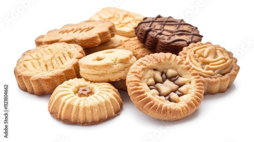 Assorted delicious cookies arranged in a creative pile on a clean white background showcasing variety and texture for culinary themes photo