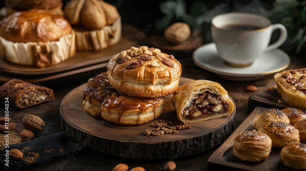 Breakfast pastries and sweets with nuts served on a rustic wooden table alongside a cup of coffee and decorative elements in dim lighting Breakfast pastries and sweets with nuts served on a rustic wooden table alongside a cup of coffee and decorative elements in dim lighting