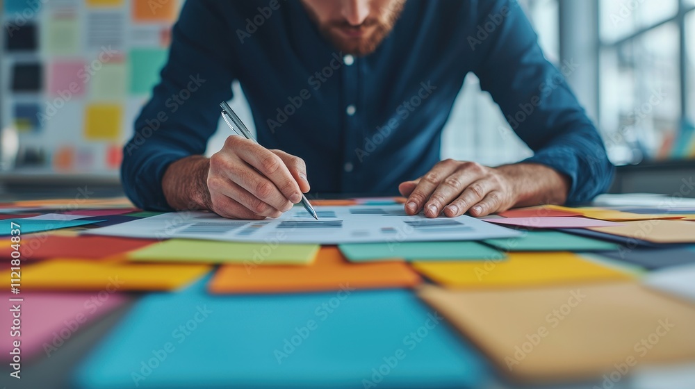 Creative Professional Sketching Ideas on Colorful Notes and Paper in Modern Office Creative Professional Sketching Ideas on Colorful Notes and Paper in Modern Office
