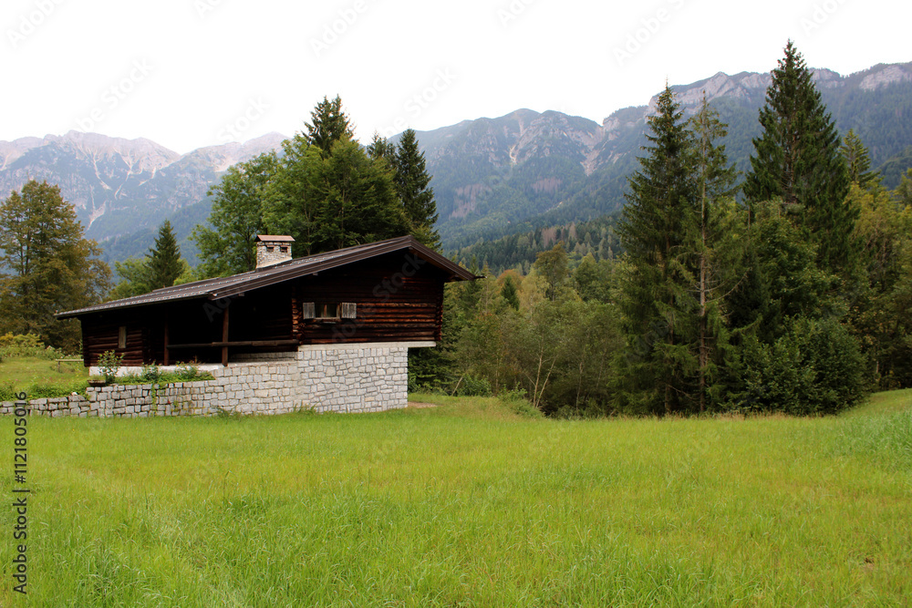 Baita di legno e pietra con prato bosco montagne e cielo Baita di legno e pietra con prato bosco montagne e cielo