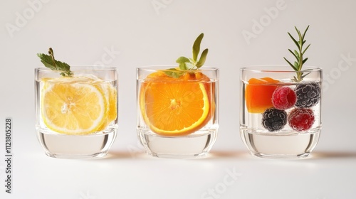 Refreshing citrus and berry infused water in three glasses on a white background for hydration and healthy lifestyle concepts photo