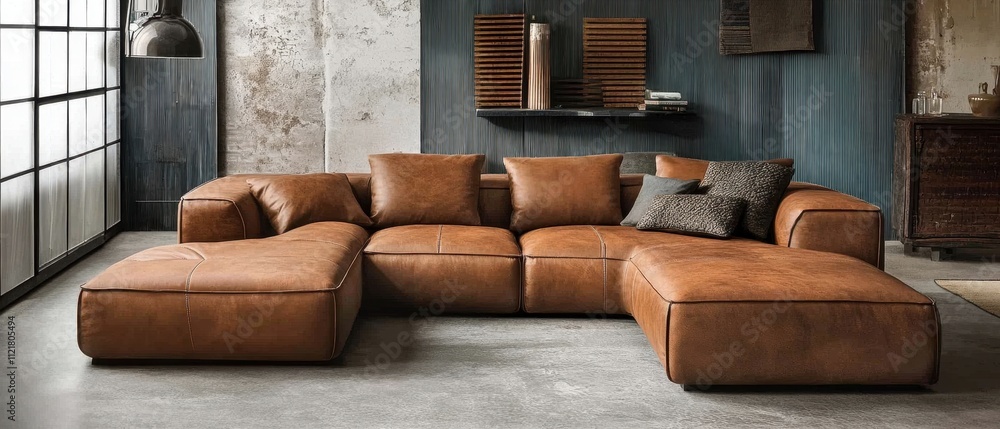 Fototapeta premium Rustic Leather Sectional Sofa in Cozy Industrial Loft