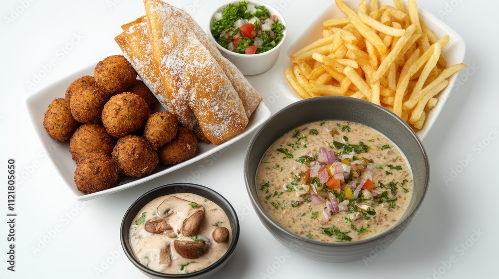 Falafel shawarma combo with mushroom cream soup fries and fresh salad served on a plain background for food menu presentation Falafel shawarma combo with mushroom cream soup fries and fresh salad served on a plain background for food menu presentation