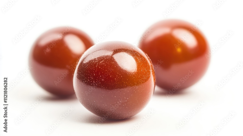 Close up of vibrant red cherry tomatoes on a white background showcasing their glossy texture and freshness for culinary purposes. Close up of vibrant red cherry tomatoes on a white background showcasing their glossy texture and freshness for culinary purposes.