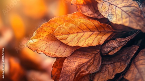 Dried tobacco leaves with warm autumn tones and intricate textures illuminated by soft natural light