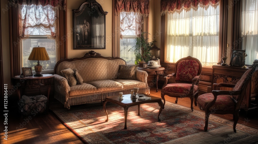 Fototapeta premium Antique living room, sunlight, ornate furniture, elegant.