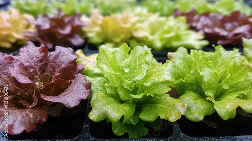 Young oakleaf lettuce seedlings in a greenhouse showcasing vibrant green and red hues ready for organic farming and salad growth. photo