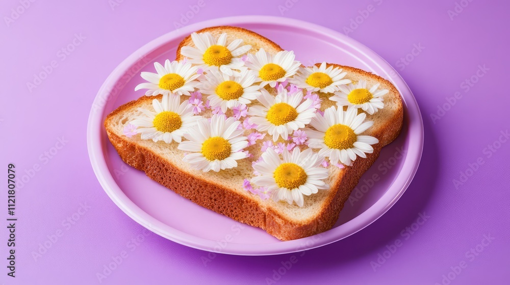 Toast sandwich adorned with fresh daisy flowers on a pastel purple plate vibrant spring theme floral food art Toast sandwich adorned with fresh daisy flowers on a pastel purple plate vibrant spring theme floral food art