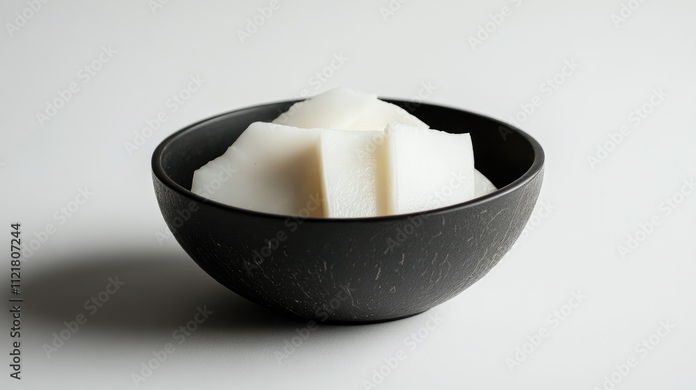 Fresh young coconut meat slices in a stylish black bowl isolated on a clean white background for culinary and health-focused imagery Fresh young coconut meat slices in a stylish black bowl isolated on a clean white background for culinary and health-focused imagery