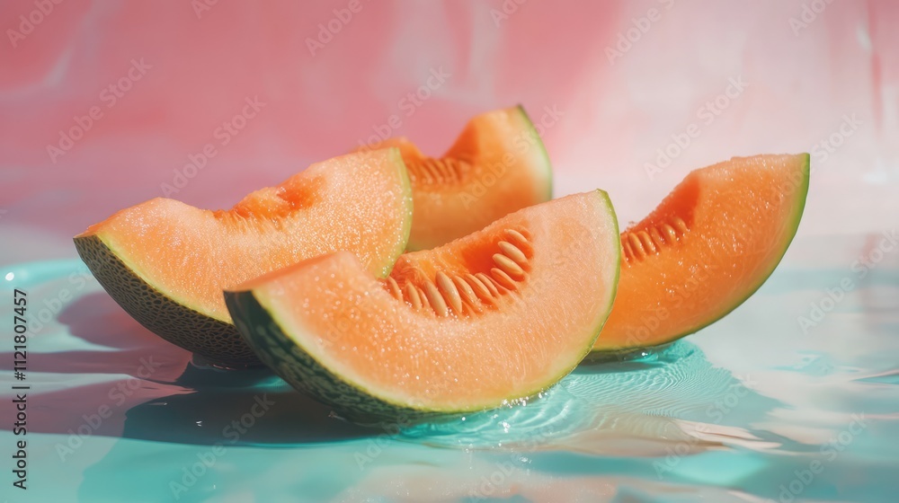 Freshly sliced cantaloupe pieces on a reflective surface with a soft pastel background for a summery and vibrant aesthetic. Freshly sliced cantaloupe pieces on a reflective surface with a soft pastel background for a summery and vibrant aesthetic.