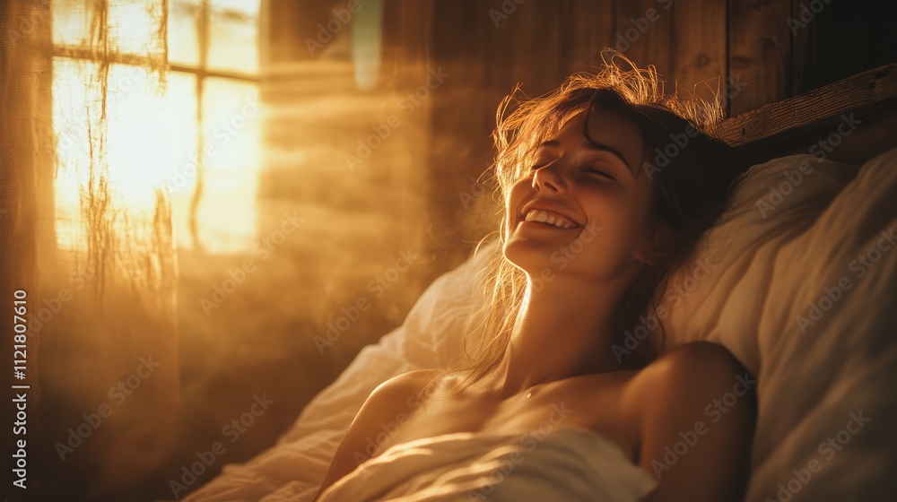Fototapeta premium Joyful woman awakening in a sunlit farmhouse bedroom enjoying a serene morning atmosphere filled with warmth and tranquility