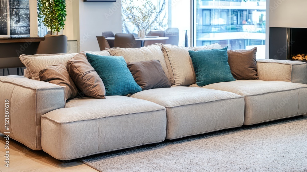 Fototapeta premium Stylish modern sofa adorned with colorful pillows in a bright, contemporary living room setting
