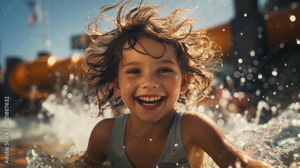 Fototapeta premium Cheerful child playing and splashing in an aquapark, surrounded by vibrant colors and water slides.