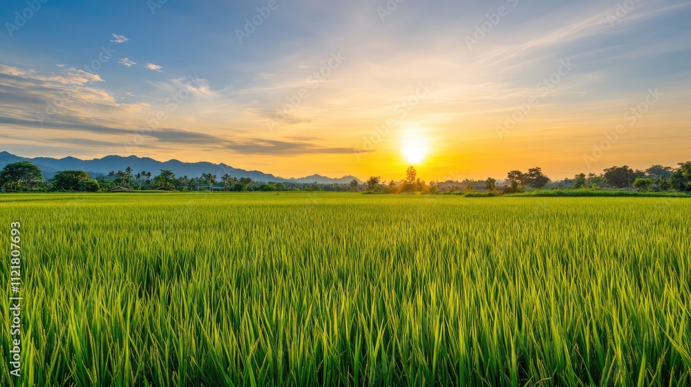 Scenic sunset over lush green rice fields captured with a wide angle lens showcasing nature's beauty and agricultural landscape. Scenic sunset over lush green rice fields captured with a wide angle lens showcasing nature's beauty and agricultural landscape.