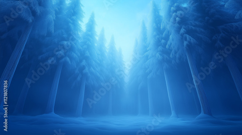 Misty winter forest with snow-covered trees in blue light