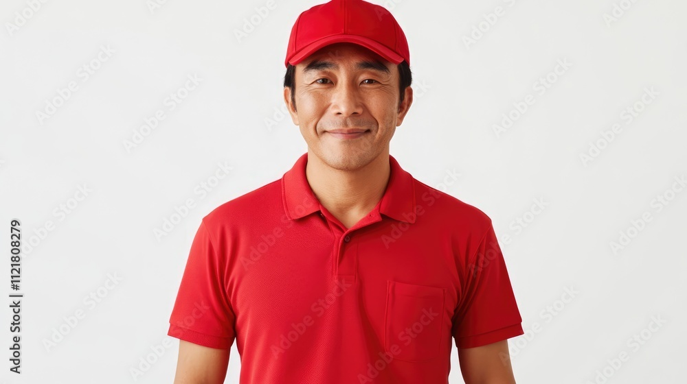 Smiling man in red polo shirt and matching cap posing against a clean white background, representing confidence and hospitality in casual wear Smiling man in red polo shirt and matching cap posing against a clean white background, representing confidence and hospitality in casual wear