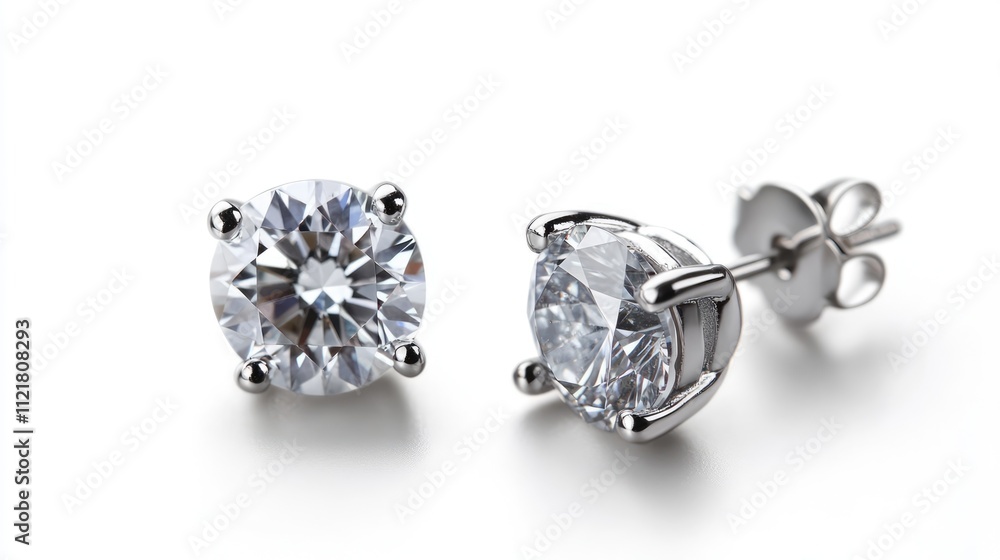 Silver diamond stud earrings elegantly displayed on a white background showcasing their brilliance and exquisite craftsmanship. Silver diamond stud earrings elegantly displayed on a white background showcasing their brilliance and exquisite craftsmanship.