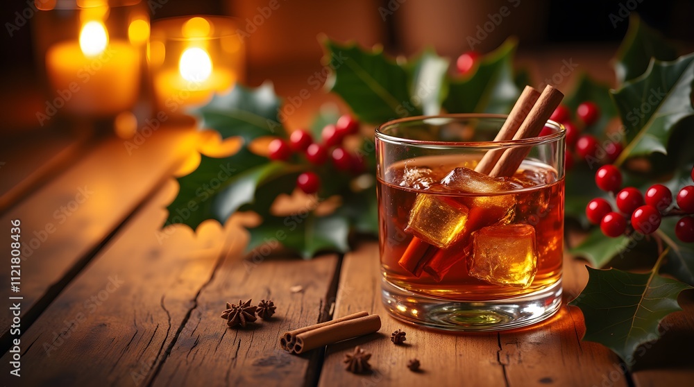 Fototapeta premium Warm Winter Whiskey: Cinnamon spice, ice cubes, and holly berries create a festive, cozy atmosphere. Perfect for chilly nights!