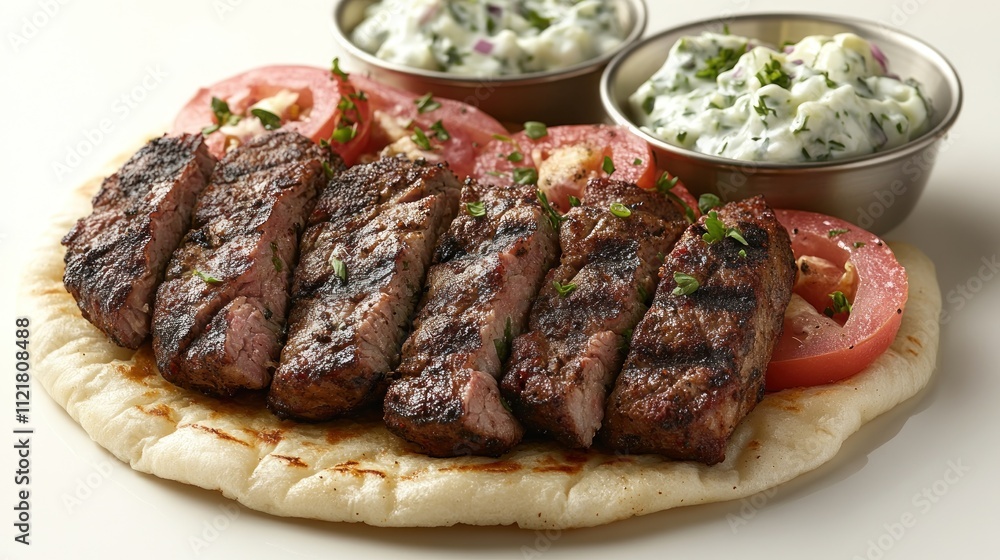 Grilled steak served on flatbread with fresh toppings Grilled steak served on flatbread with fresh toppings