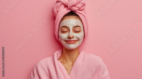 Woman applying cosmetic mask for skincare with a joyful smile in a pink bathrobe and towel against a pink background. photo