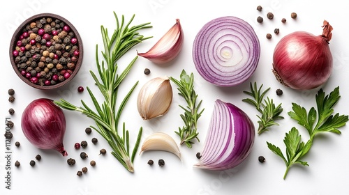 Isolated on white background, top view, red onion, garlic, parsley, rosemary, coriander, spices 