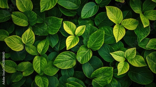 Lush green foliage with varying shades of green against a dark background capturing the beauty of nature in an outdoor setting.