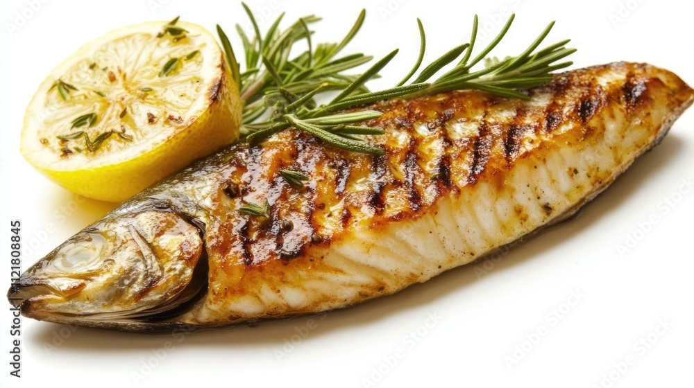 Grilled mackerel with rosemary and lemon on a white background showcasing delicious seafood presentation and culinary artistry Grilled mackerel with rosemary and lemon on a white background showcasing delicious seafood presentation and culinary artistry