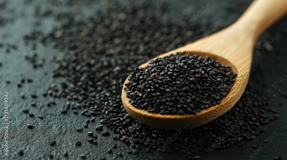 Close-up of black sesame seeds in a wooden spoon on a textured dark background emphasizing natural ingredients and healthy cooking. Close-up of black sesame seeds in a wooden spoon on a textured dark background emphasizing natural ingredients and healthy cooking.