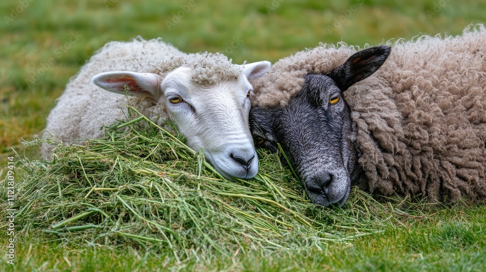 Sheep resting together while feeding on fresh grass in a serene farm field environment Sheep resting together while feeding on fresh grass in a serene farm field environment