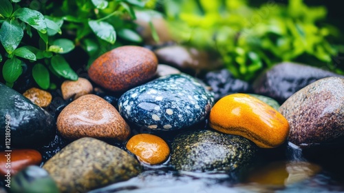 Close up of a rocky riverbed showcasing colorful stones with lush greenery and gentle water flow in a tranquil forest setting photo