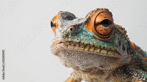 Colorful Agama Lizard Close-Up with Unique Toad-Like Features on a White Background photo