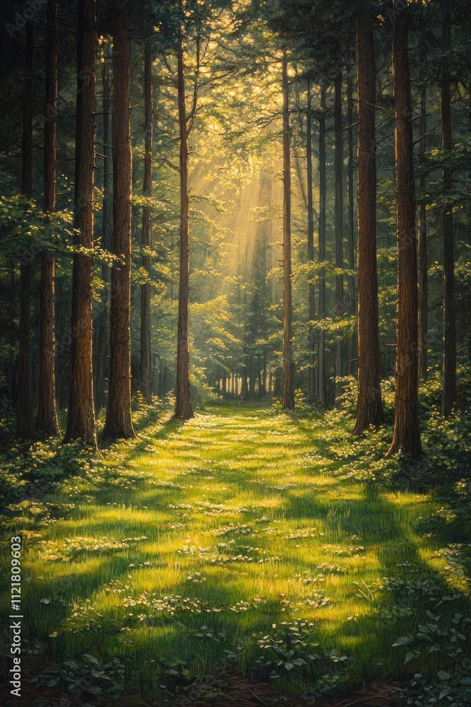 Obraz premium Here's a and keyword list for your stock photo submission.. Sunlit Forest Path.