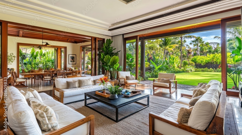 Luxurious living room with expansive garden views. Luxurious living room with expansive garden views.