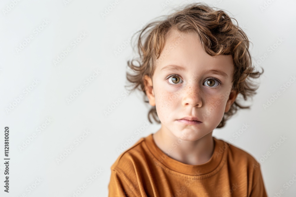Innocent Young Boy with Curly Hair and Freckles Posing Against a Simple Background in Soft Natural Light, Capturing a Moment of Wonder and Curiosity Innocent Young Boy with Curly Hair and Freckles Posing Against a Simple Background in Soft Natural Light, Capturing a Moment of Wonder and Curiosity
