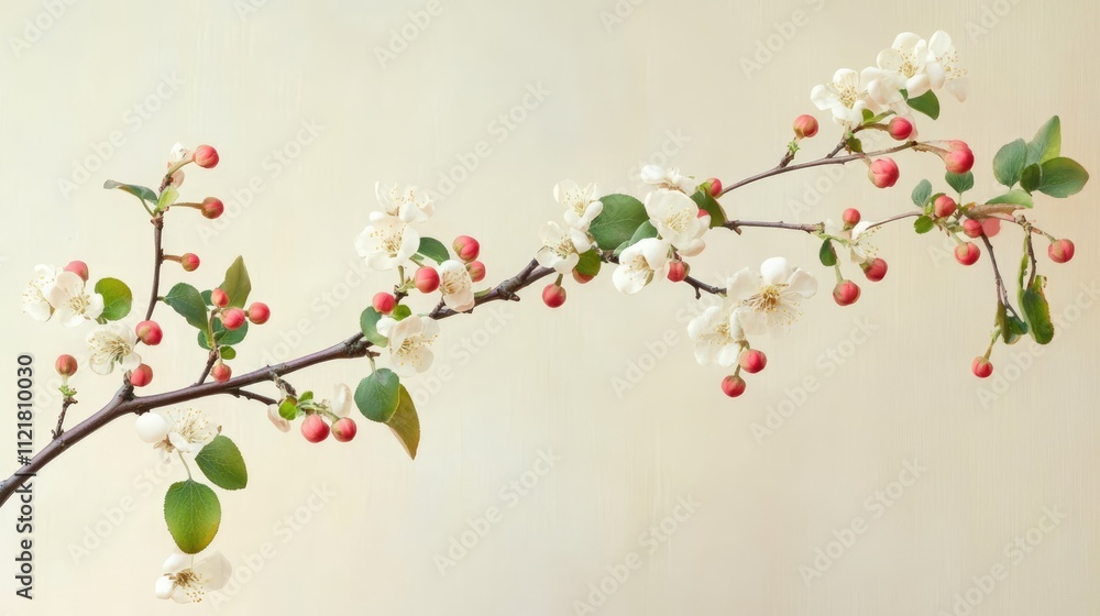 Snowberry branch with delicate white flowers and pink berries on light background showcasing natural beauty and elegance in floral design Snowberry branch with delicate white flowers and pink berries on light background showcasing natural beauty and elegance in floral design