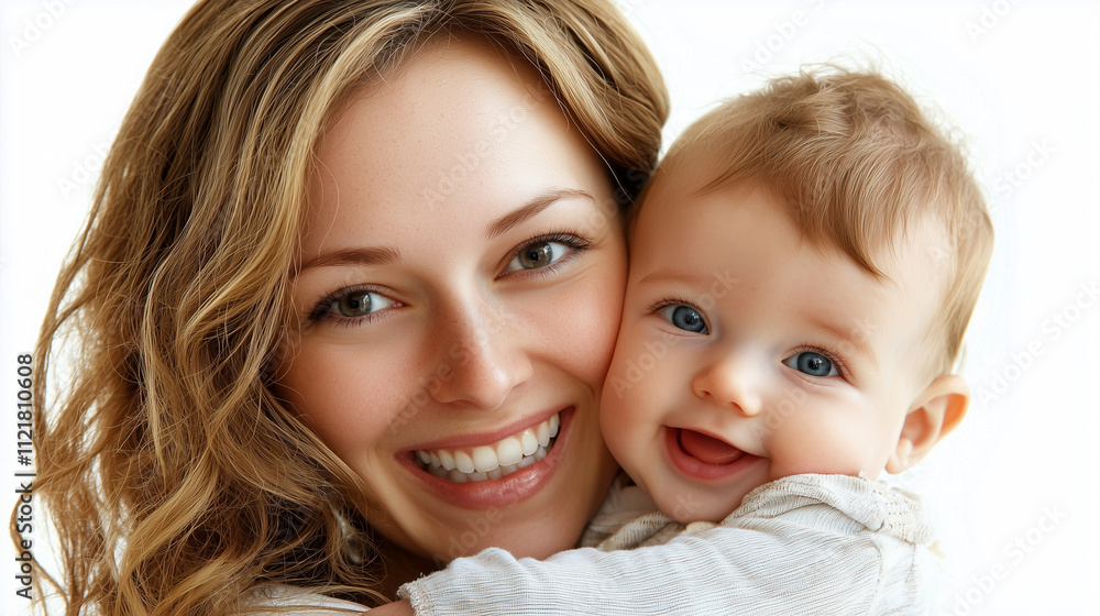 A mother holding her baby, both smiling warmly, framed by a pure white background, conveying love and the bond of family. A mother holding her baby, both smiling warmly, framed by a pure white background, conveying love and the bond of family.