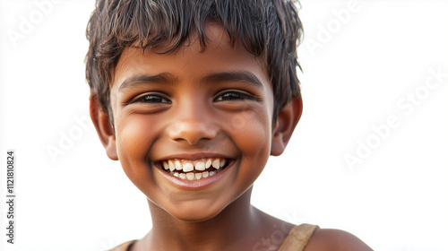 A young boy with a missing front tooth, smiling with pure joy and innocence, set against a white background to highlight the simplicity of childhood. photo