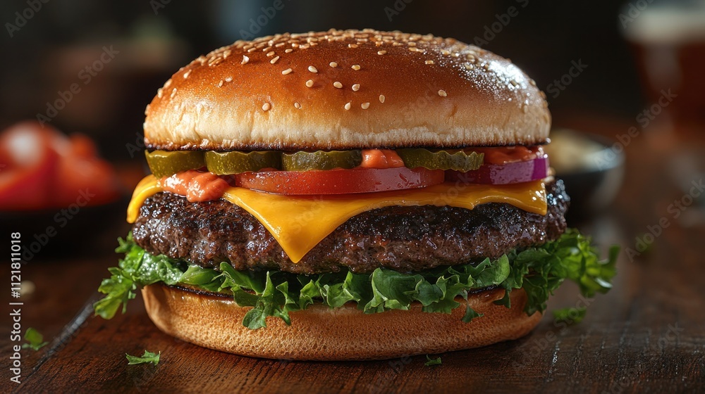 Juicy cheeseburger with fresh toppings on a wooden table Juicy cheeseburger with fresh toppings on a wooden table