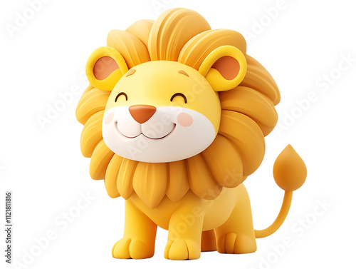 A cheerful, cartoonish lion with a fluffy mane and a friendly expression, designed in bright yellow colors on transparent background. photo