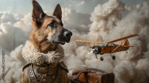 Adventurous German Shepherd Pilot Soaring in Miniature Airplane Against Cloudy Sky Backdrop