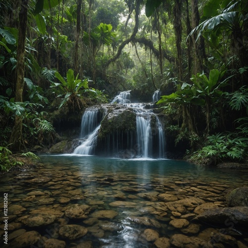 A tropical rainforest with a hidden waterfall cascading into a lagoon.