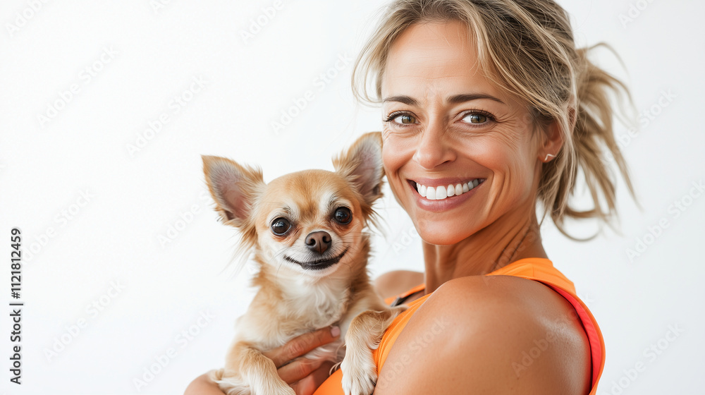 A woman in athletic clothes, smiling as she holds a small Chihuahua, both against a bright white background, highlighting activity and friendliness. A woman in athletic clothes, smiling as she holds a small Chihuahua, both against a bright white background, highlighting activity and friendliness.