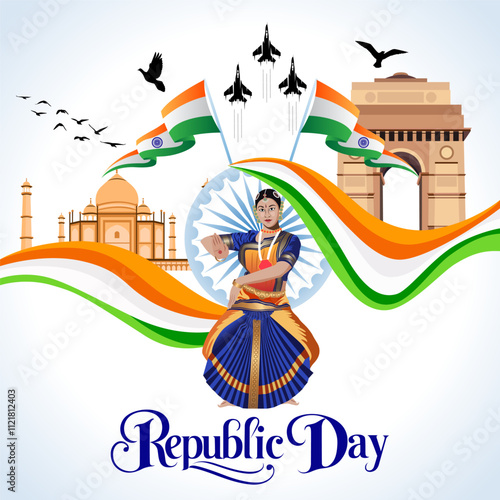 The image celebrates India's Republic Day with key elements: an Indian dancer symbolizing cultural heritage Republic Day text waving flags jets iconic landmarks pigeons and tricolor themes