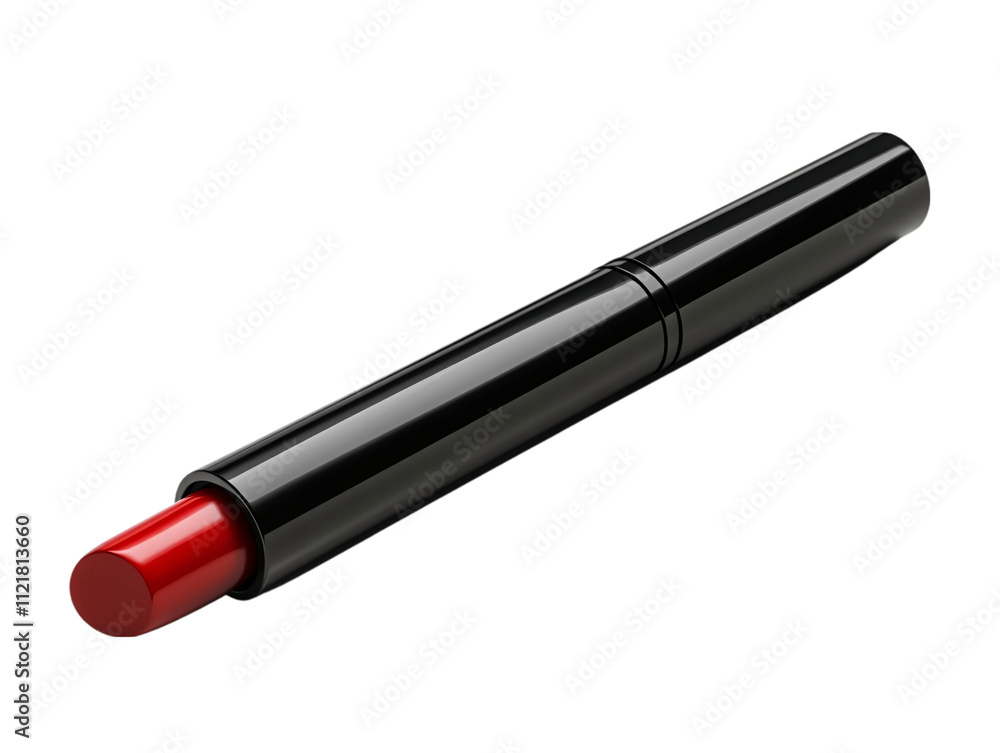 A sleek black lipstick tube with a vibrant red tip on transparent background. A sleek black lipstick tube with a vibrant red tip on transparent background.