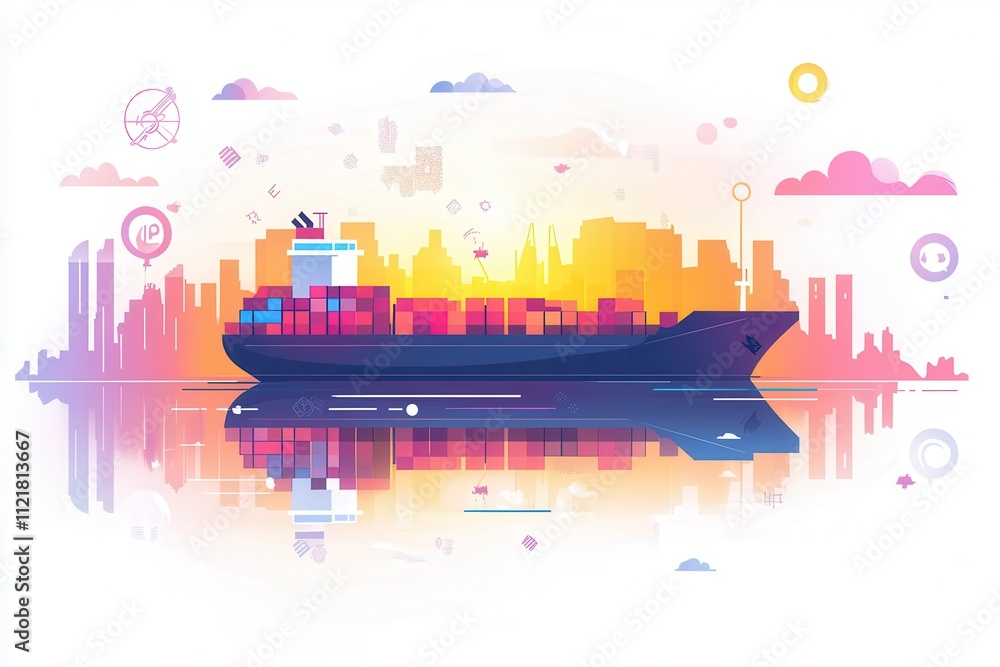 Naklejka premium Cargo Ship Silhouette Against Colorful City Scene