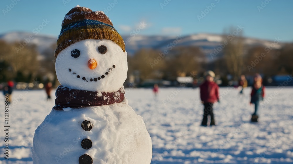 Fototapeta premium Sunlit winter landscape with partially built snowman and mountains