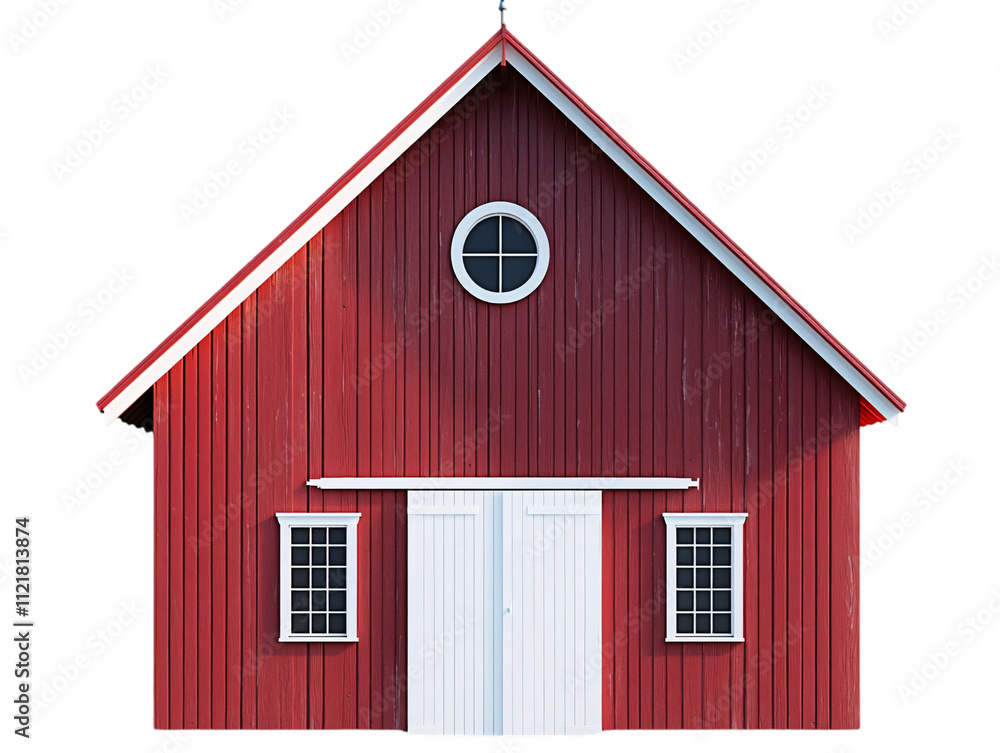 A vibrant red barn with white trim, featuring a circular window and double doors, showcasing traditional architectural design on transparent background. A vibrant red barn with white trim, featuring a circular window and double doors, showcasing traditional architectural design on transparent background.