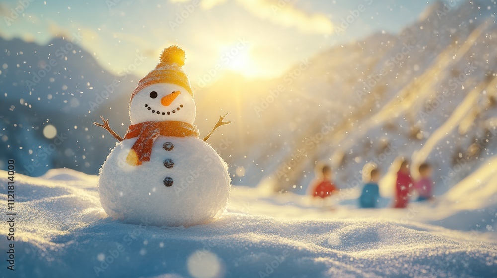 Obraz premium Kids playing in sunny alpine snowfield with snowman