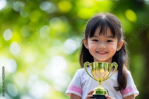 A child proudly presenting the trophy it has won. photo